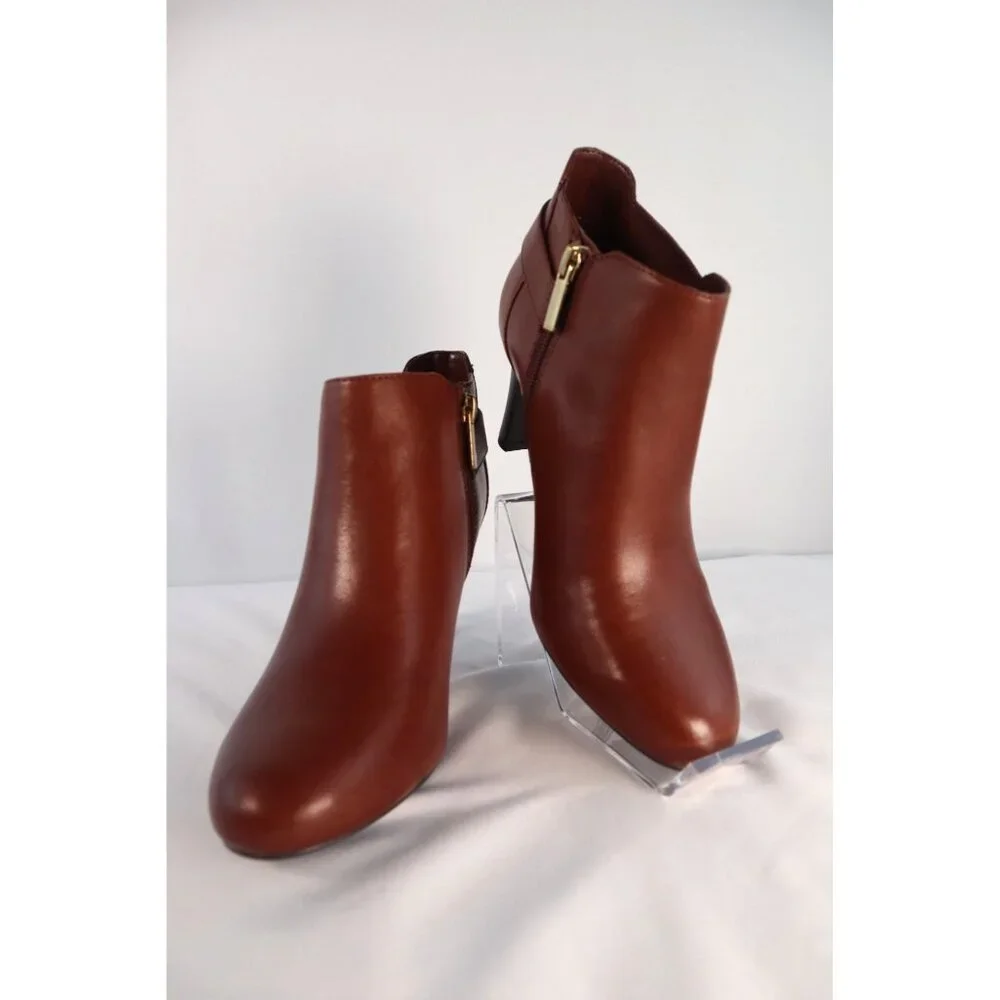 Bandolino Women's Brown Leather Ankle Booties with Gold Buckle & Zipper Size 7.5